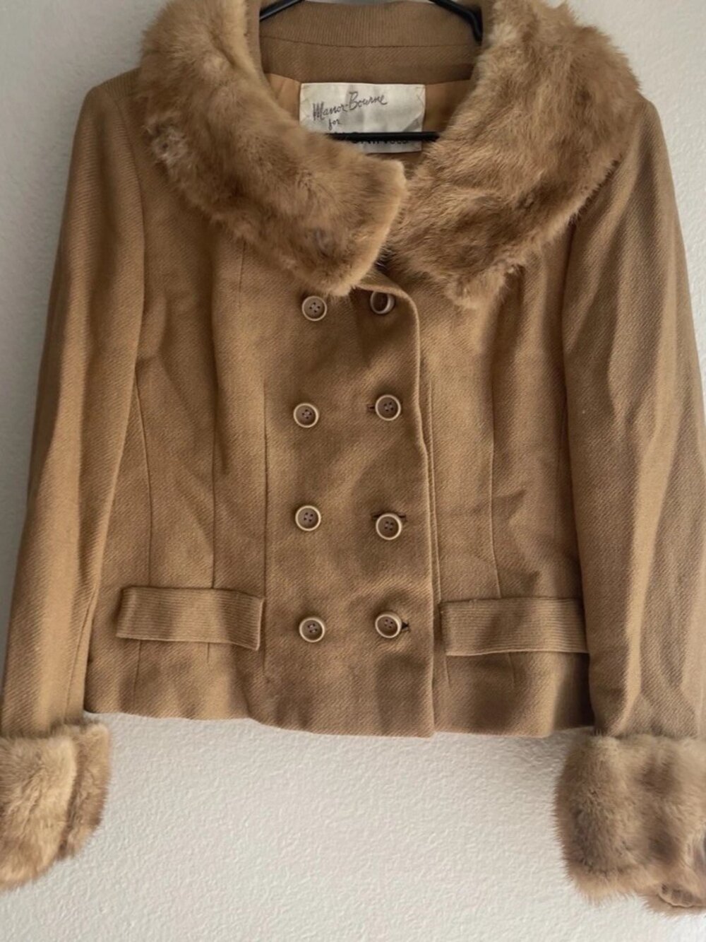 Vintage Manor Bourne i magnin tan Brown blazer fur collar cuffs Women’s Sz M